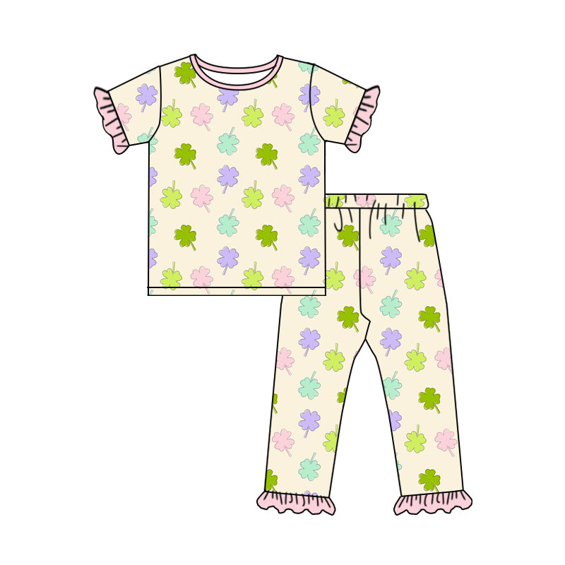 Preorder (moq 5)Baby Girls Colorful Clovers Top Ruffle Pants St Patrick Pajamas Set