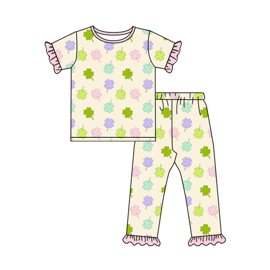 Preorder (moq 5)Baby Girls Colorful Clovers Top Ruffle Pants St Patrick Pajamas Set