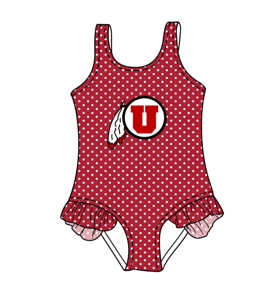 Preorder moq 5 Baby Girls Sleeveless Red Polka Dots Fur U Team Swimsuits