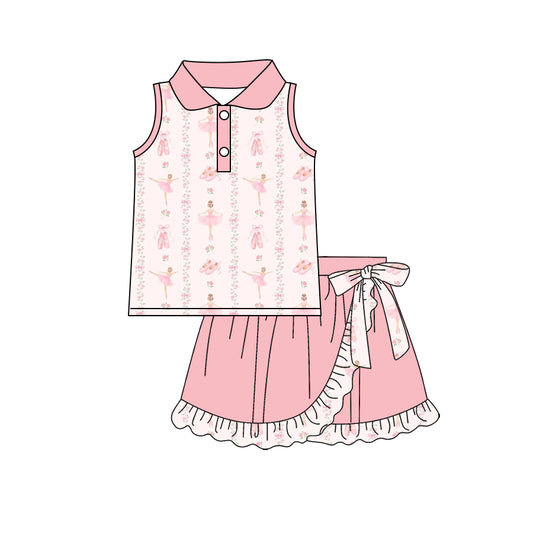 Preorder (moq 5)Baby Girls Flowers Dancers Stripe Button Top Ruffle Skirt Shorts Clothes Set
