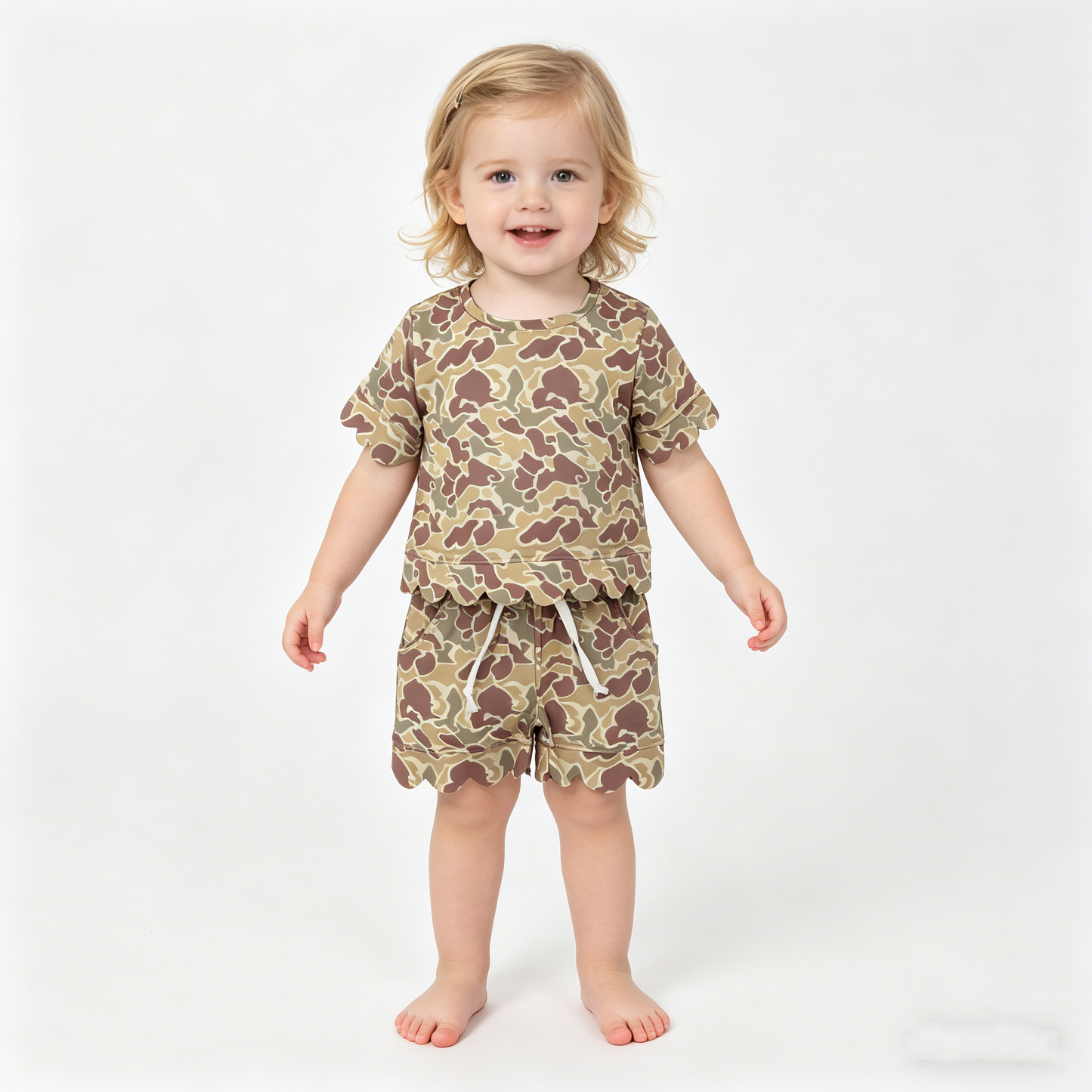 Sibling Baby Girls Short Sleeve Shirts Top Pockets Short Scallop Clothes Sets