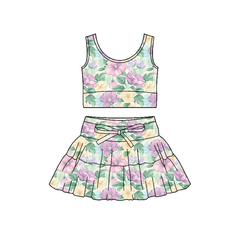 Preorder (moq 5)Baby Girls Sleeveless Colorful Flowers Vest Top Skirt Shorts Clothes Sets