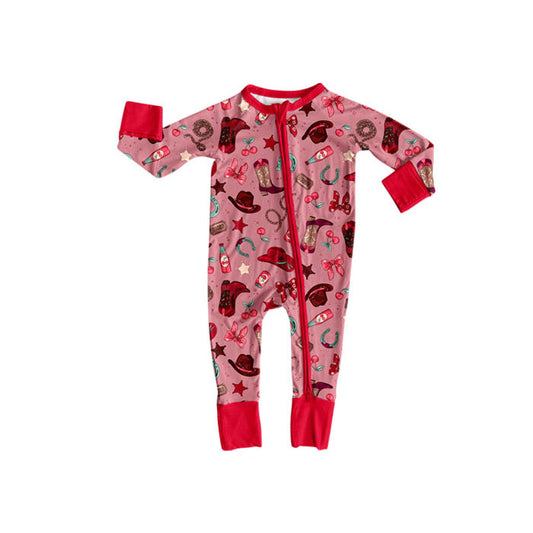 Preorder (moq 5)Baby Girls Red Stars Boots Hats Western Zipper Footie Rompers
