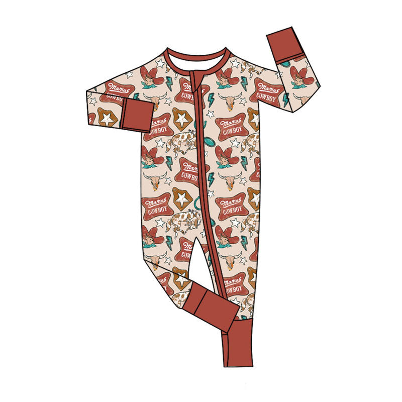 Preorder (moq 5)Baby Boys Mama's Cowboys Western Two Way Zip Convertible Rompers
