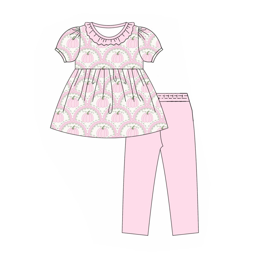 Preorder (moq 5)Baby Girls Short Sleeve Pink Pumpkins Tunic Legging Fall Clothes Sets