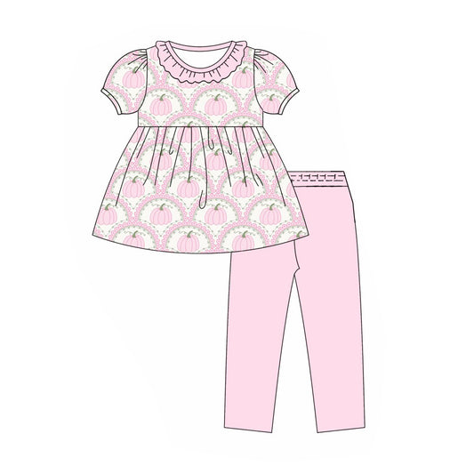 Preorder (moq 5)Baby Girls Short Sleeve Pink Pumpkins Tunic Legging Fall Clothes Sets