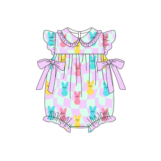 Preorder (moq 5)Baby Girls Flutter Sleeve Colorful Rabbits Checked Bows Easter Ruffle Rompers