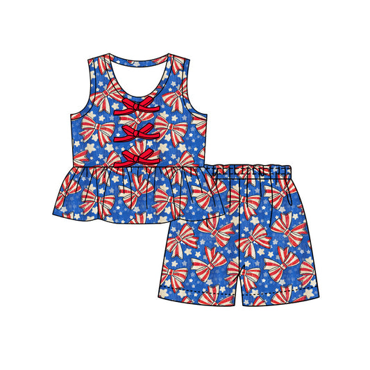 Preorder (moq 5)Baby Girls Stars Flags Bows Button Tunic Shorts 4th of July Clothes Set