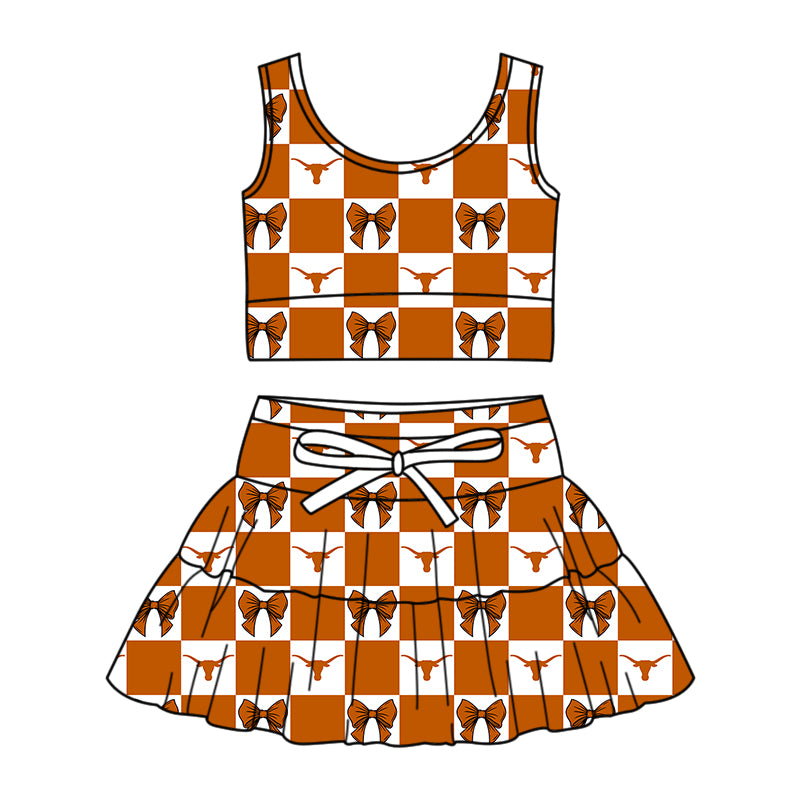 Preorder (moq 5)Baby Girls Bull Skulls Bows Checked Vest Top Skirt Short Team Clothes Sets