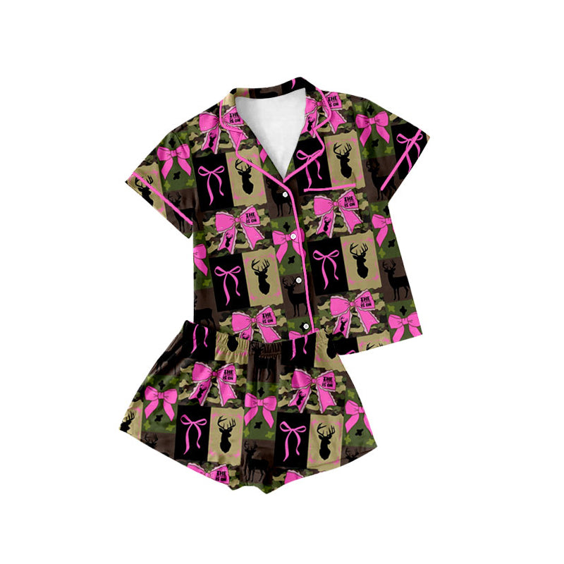 Preorder (moq 5)Baby Girls Camo Deer Checked Bows Button Pocket Top Shorts Hunting Pajamas Sets