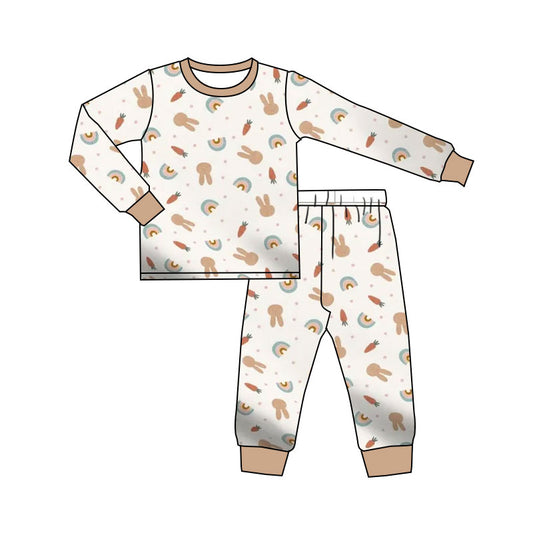 Preorder (moq 20)Baby Girls Bamboo Rabbit Carrots Rainbows Easter Pants Pajamas Sets