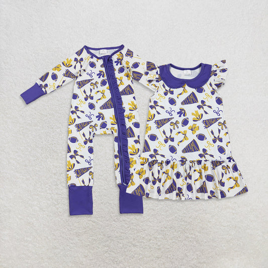 Sibling Baby Girls Purple Bows Footballs Go Team Ruffle Zipper Romper Knee Length Dress