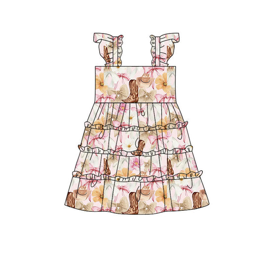 Preorder(moq 5) Baby Girls Flowers Boots Hats Western Patchwork Knee Length Dresses