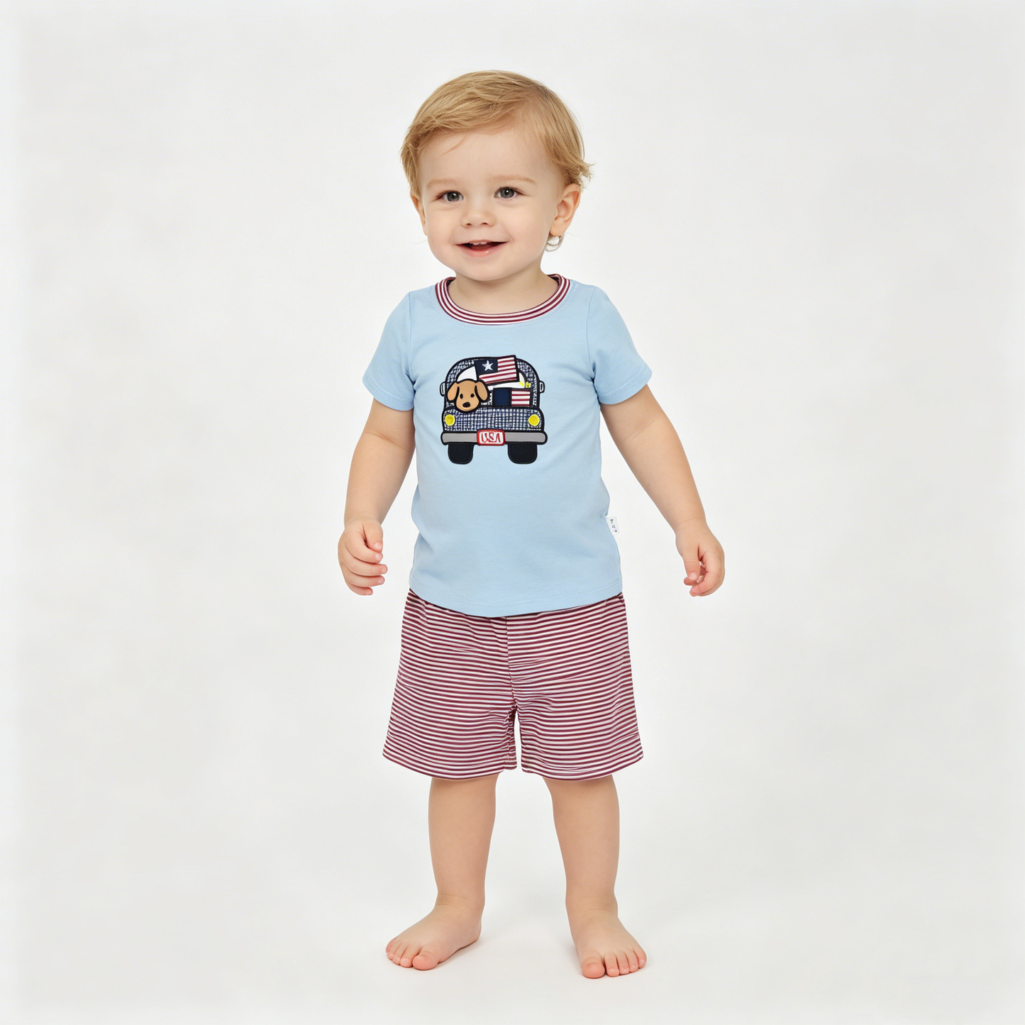 Embroidery Dog Flag Trucks Baby Boys Top Stripe Shorts 4th of July Clothes Sets