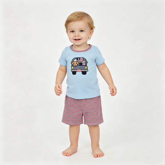 Embroidery Dog Flag Trucks Baby Boys Top Stripe Shorts 4th of July Clothes Sets