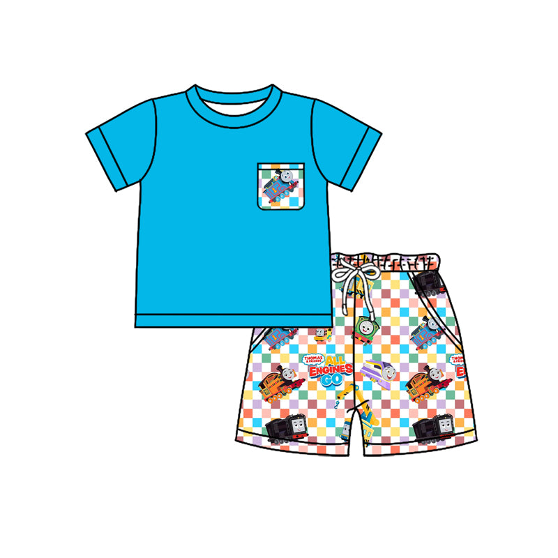 Preorder moq 5 Baby Boys Blue Short Sleeves Pocket Top Cartoon Trains Shorts Set