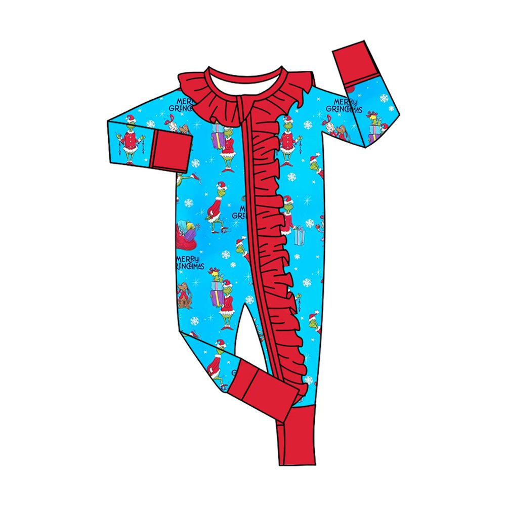Preorder (moq 20)Baby Girls Bamboo Christmas Green Face Snowflake Ruffle Zippy Footie Rompers