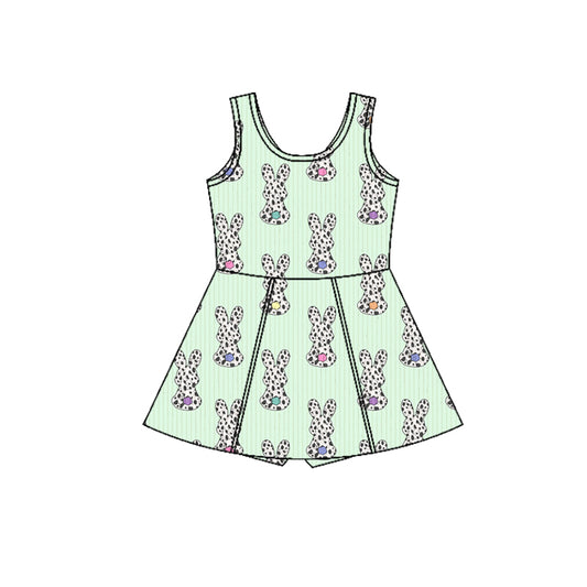 Preorder (moq 5)Baby Girls Sleeveless Cow Print Rabbits Easter Shorts Knee Length Dresses