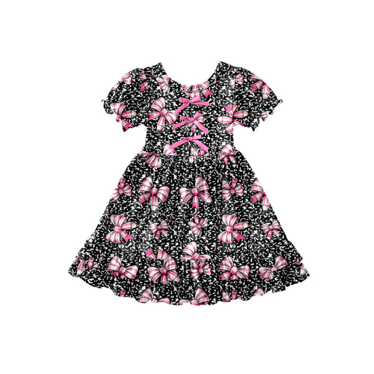 Preorder (moq 5)Baby Girls Black Leopard Pencil Bows Back to School Ruffle Knee Length Dress