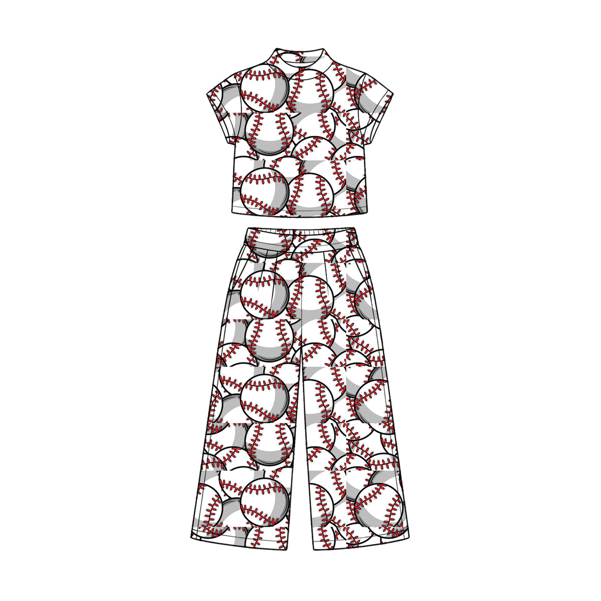 Preorder (moq 5) Baby Girl Clothes Classic Baseball Full Print Short Sleeve Crop Top Wide Leg Pant Set