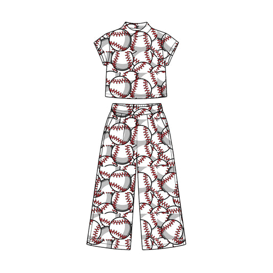 Preorder (moq 5) Baby Girl Clothes Classic Baseball Full Print Short Sleeve Crop Top Wide Leg Pant Set