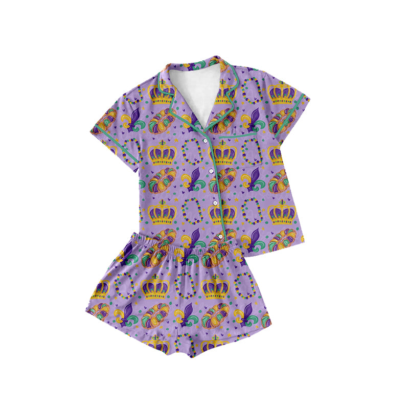 Preorder (moq 5) women Clothes Mardi Gras Crown King Cake Fleur De Lis Print Short Sleeve Button Pajama Short Set