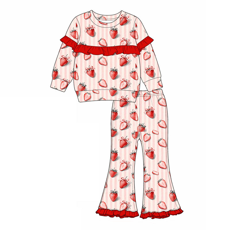 Preorder (moq 5) Baby Girls Strawberry Stripe Top Bell Bottom Pant Clothes Sets