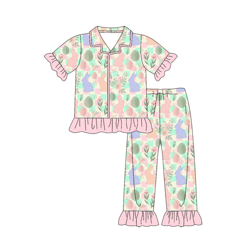 Preorder(moq 8)Baby Girls Colorful Rabbits Eggs Checked Button Top Ruffle Pants Easter Pajamas Sets