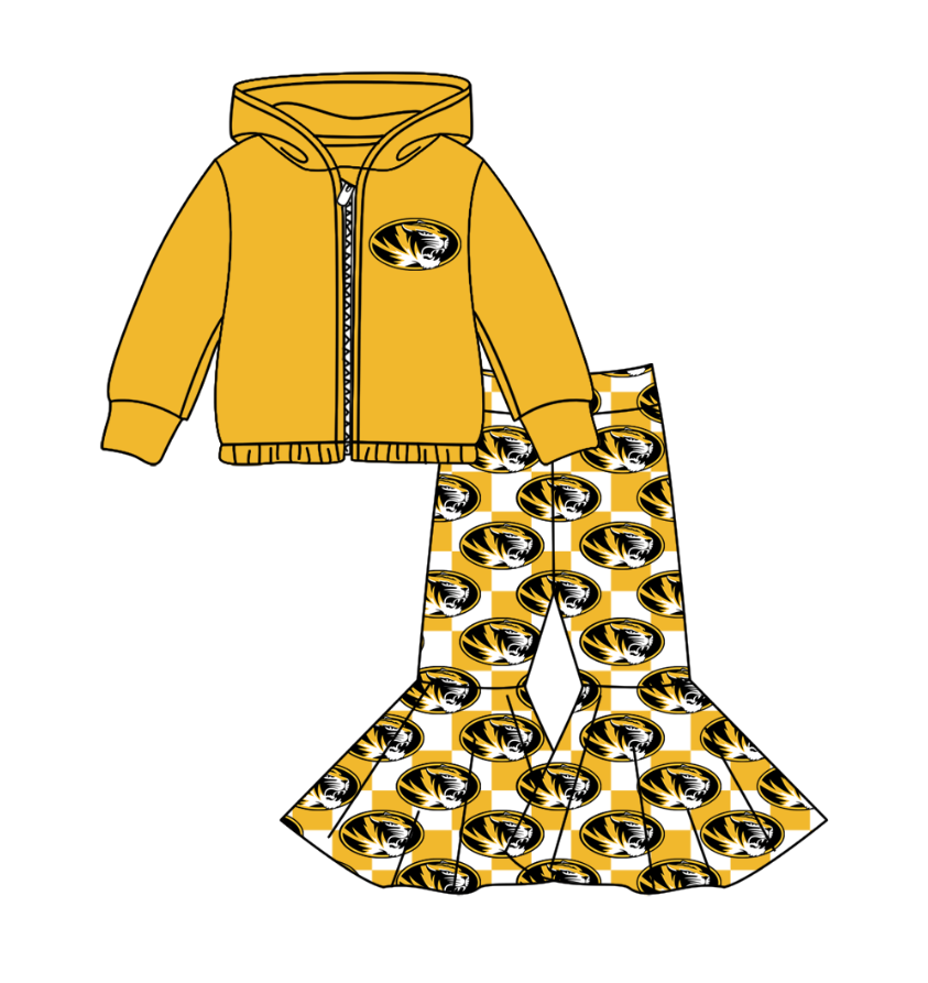 Preorder(moq 5) Baby Girls Yellow Tigers Zipper Hoodie Jacket Bell Bottom Pants Team Clothes Sets
