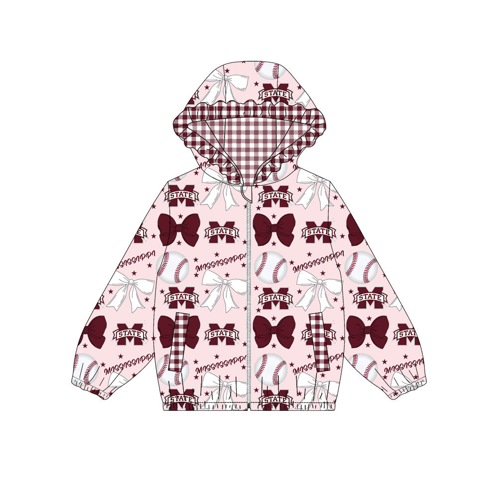 Preorder(moq 8)Baby Girls Bows M State Baseballs Pocket Zipper Team Ruffle Hoodies Jackets