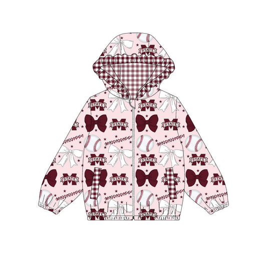 Preorder(moq 8)Baby Girls Bows M State Baseballs Pocket Zipper Team Ruffle Hoodies Jackets