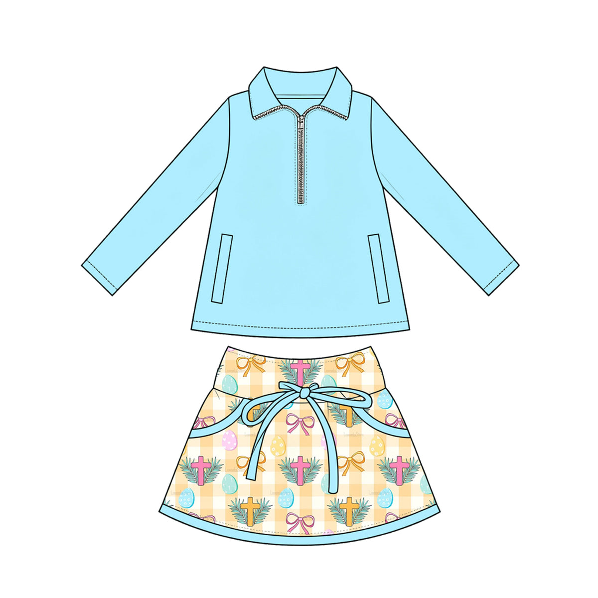 Preorder (moq 5) Baby Girl Clothes Easter Cross Egg Gingham Print Blue Long Sleeve Half Zip Top Bow Skirt Set