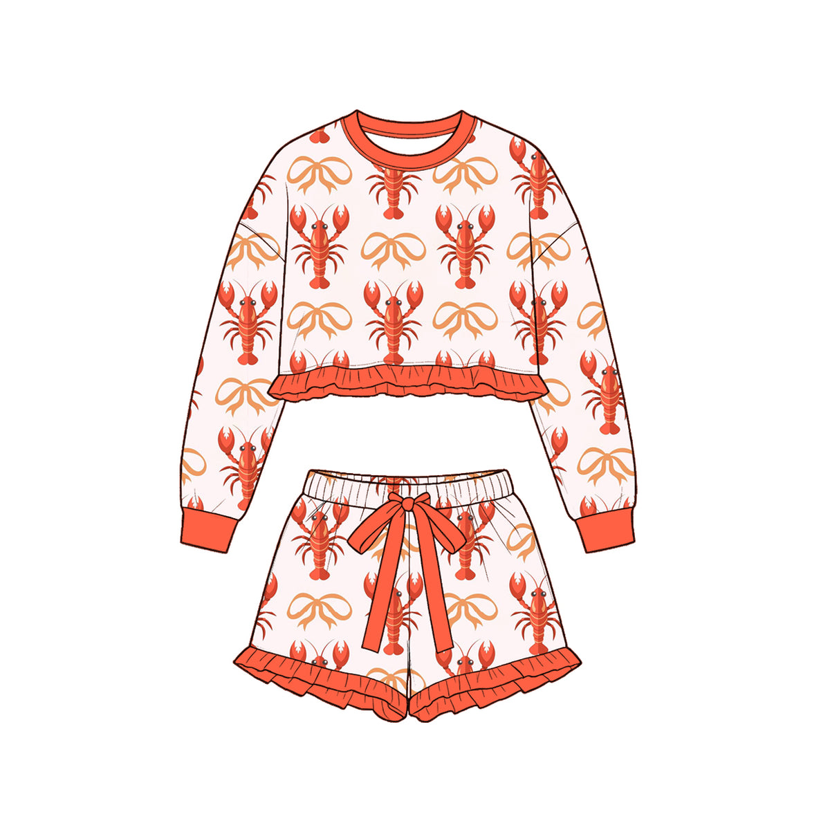 Preorder (moq 5) Baby Girl Clothes Crawfish Bow Mixed Print Long Sleeve Crop Top Ruffle Short Set