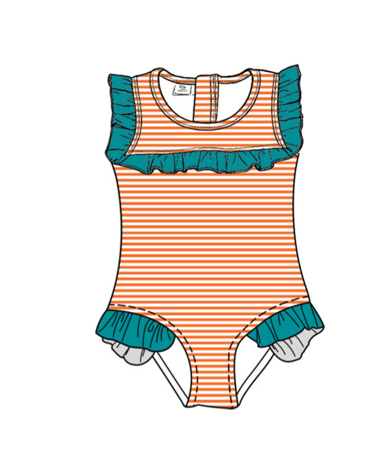Preorder moq 5 Baby Girls Sleeveless Orange Stripe Team Swimsuits