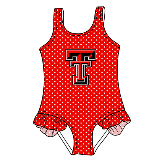 Preorder moq 5 Baby Girls Sleeveless Red Polka Dots TT Team Swimsuits
