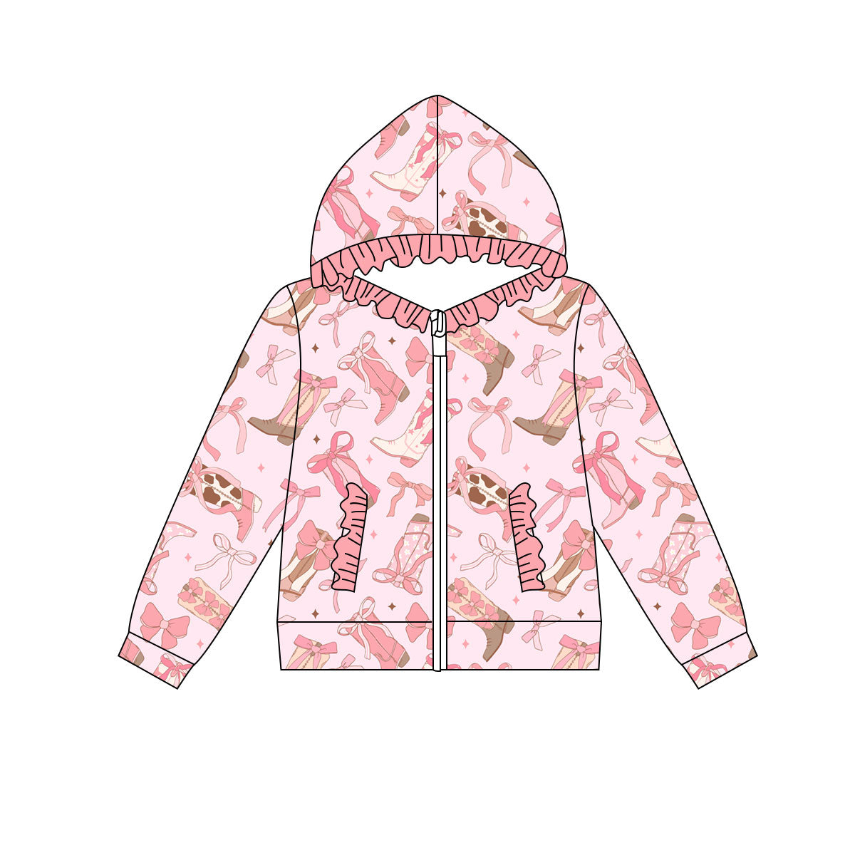 Preorder(moq 8)Baby Girls Peach Stars Bows Boots Pocket Zipper Ruffle Hoodie Jackets