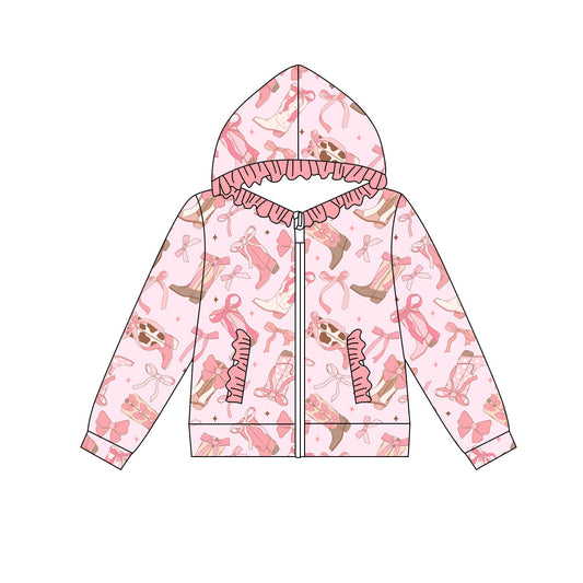 Preorder(moq 8)Baby Girls Peach Stars Bows Boots Pocket Zipper Ruffle Hoodie Jackets
