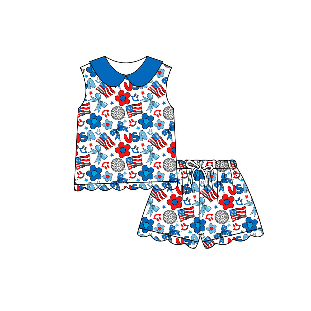 Preorder (moq 5)Baby Girls Flag Smiles Collar Top Scallop Shorts 4th of July Clothes Sets