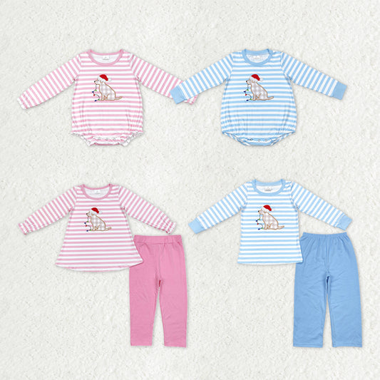 Sibling Baby Kids Embroidery Dogs Lights Stripe Top Pants Christmas Clothes Sets Rompers