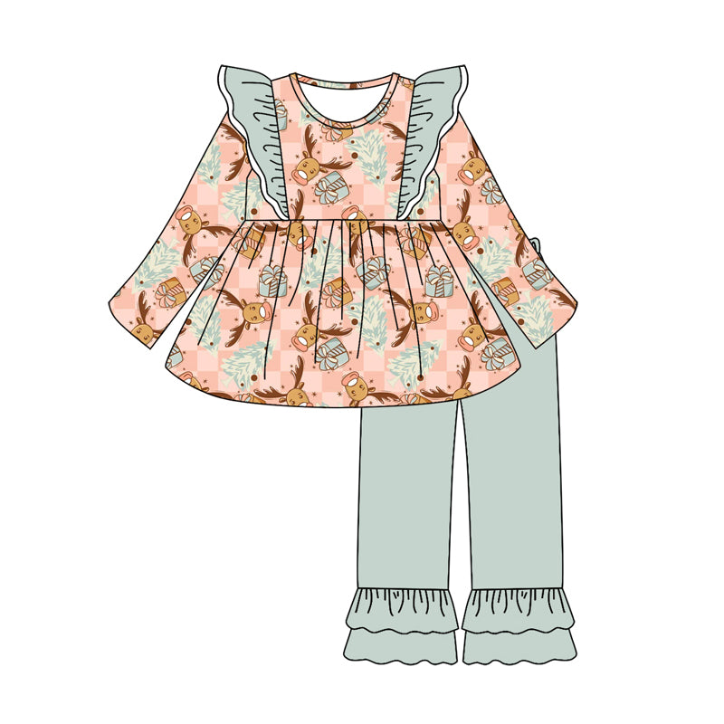 Preorder (moq 5)Baby Girls Long Sleeves Deer Trees Plaid Tunic Ruffle Pant Sets