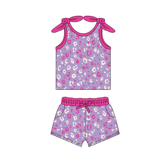 Preorder (moq 5)Baby Girls Hot Pink Bows Sleeveless Leopard Vest Top Pockets Short Set