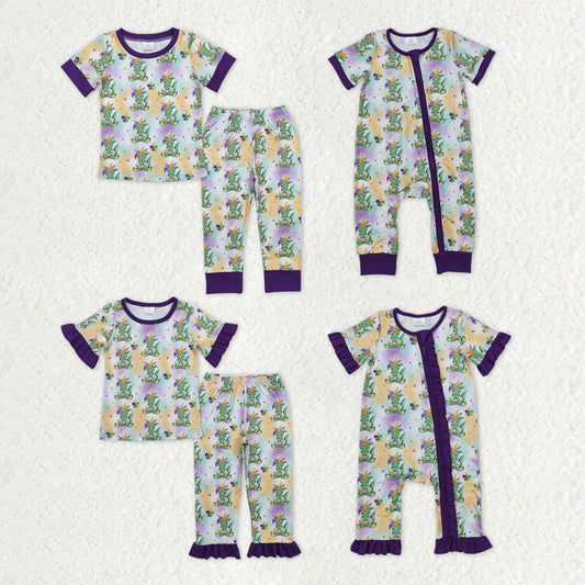 Sibling Baby Kids Anchors Crocodiles Top Pants Mardigras Pajamas Sets Zipper Footie Rompers