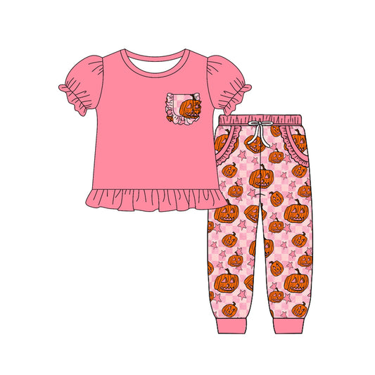 Preorder (moq 5)Baby Girls Short Ruffle Sleeves Pocket Top Pumpkins Plaid Legging Pants Set