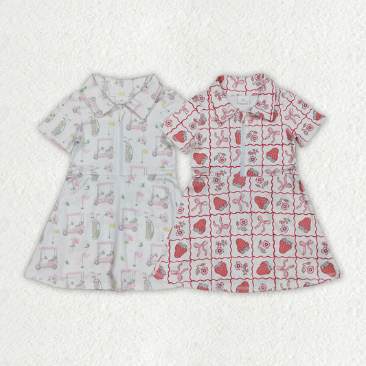 Sibling Baby Girls Short Sleeves Flowers Golf Zipper Knee Length Dresses