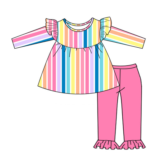 Baby Girls Colorful Stripes Tunic Top Ruffle Pants Outfits Sets preorder(moq 5)