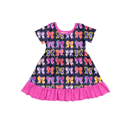 Preorder(moq 5) Baby Girls Short Sleeve Colorful Bows Plaid Ruffle Knee Length Dresses