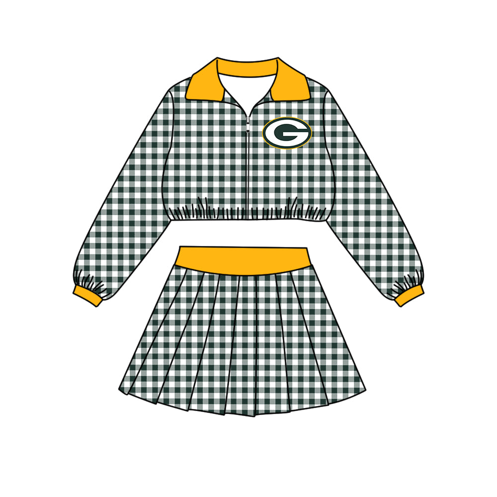 Preorder (moq 5)Baby Girls Black Checked Packers Zip Pullovers Skirt Short Team Clothes Set