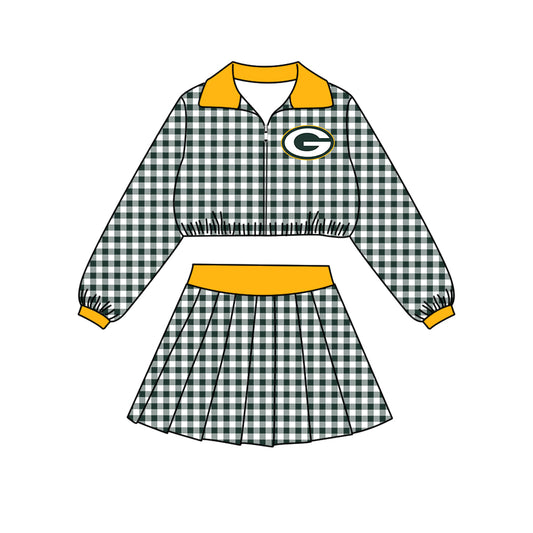 Preorder (moq 5)Baby Girls Black Checked Packers Zip Pullovers Skirt Short Team Clothes Set