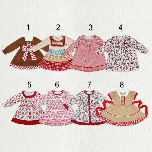 Sibling Baby Girls Candy Cane Stripes Button Christmas Ruffle Knee Length Dresses