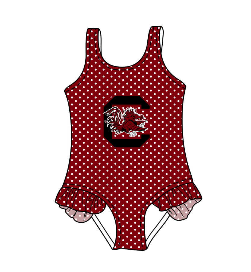 Preorder moq 5 Baby Girls Sleeveless Red Polka Dots C Bulls Team Swimsuits